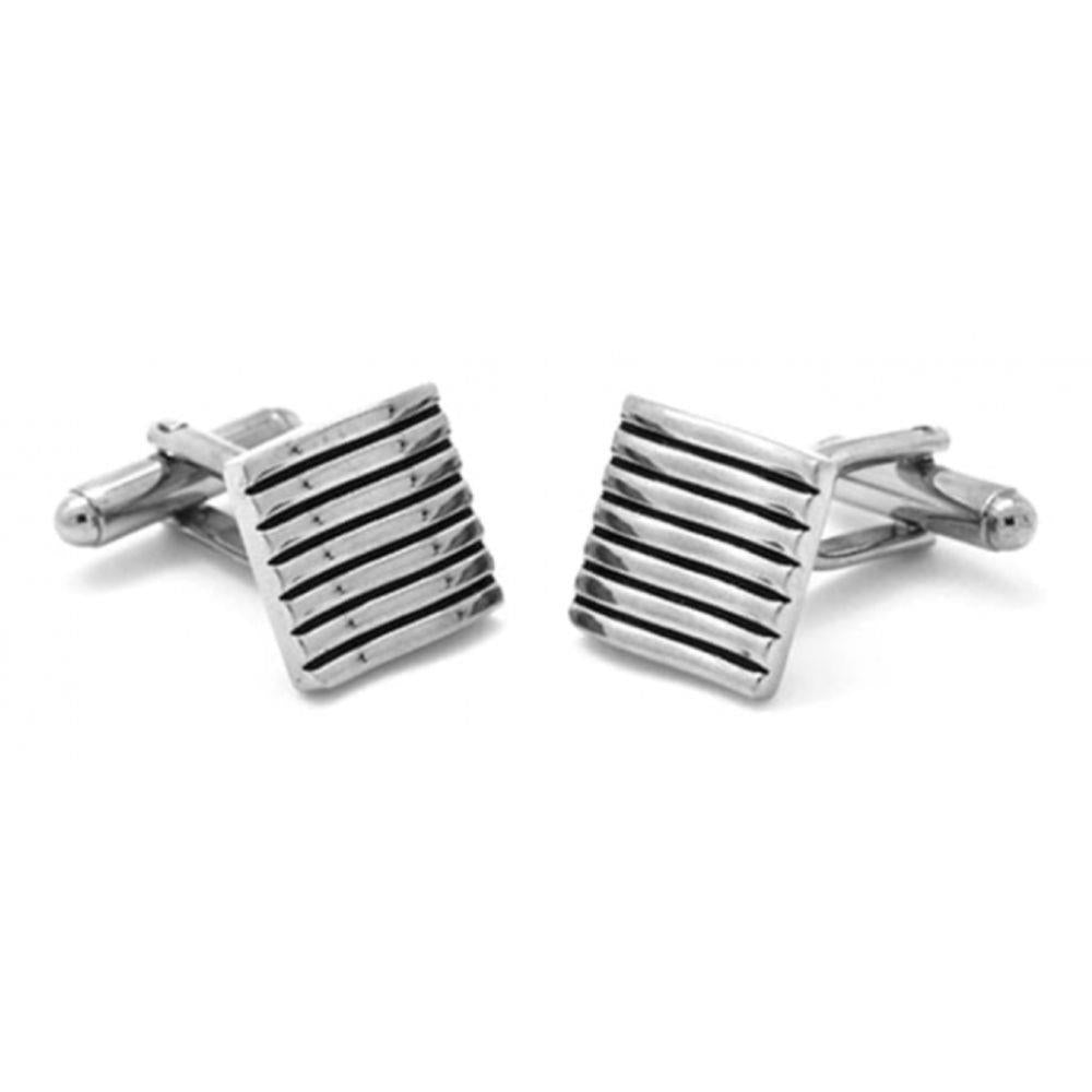 Square Silver Tone Cufflink With Horizontal Wavy Lines