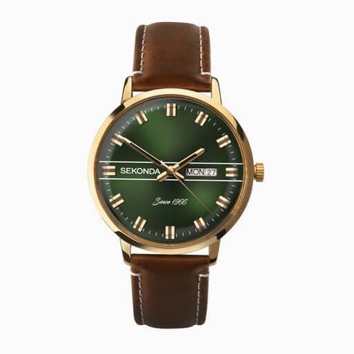 Gold Case With Green Dial & Brown Leather Strap Men's Heritage Watch