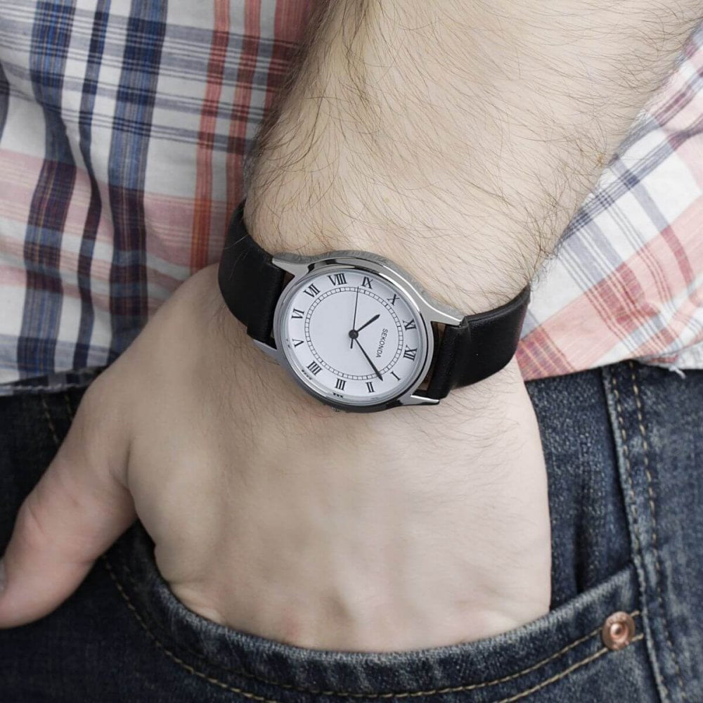 Stainless Steel White Dial With Black Leather Strap Gents Watch