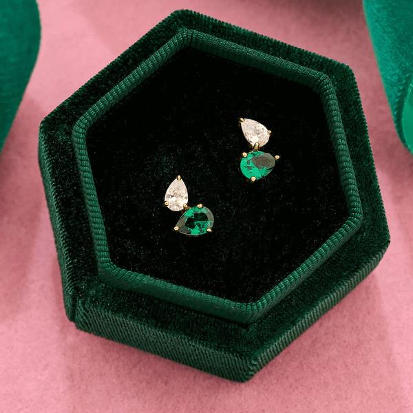 Sofia Teardrop Studs In Emerald Green, Clear & Gold