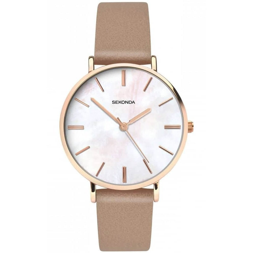 Rose Gold Plated Case With Multicolour MOP Dial & Beige Leather Strap Ladies Watch