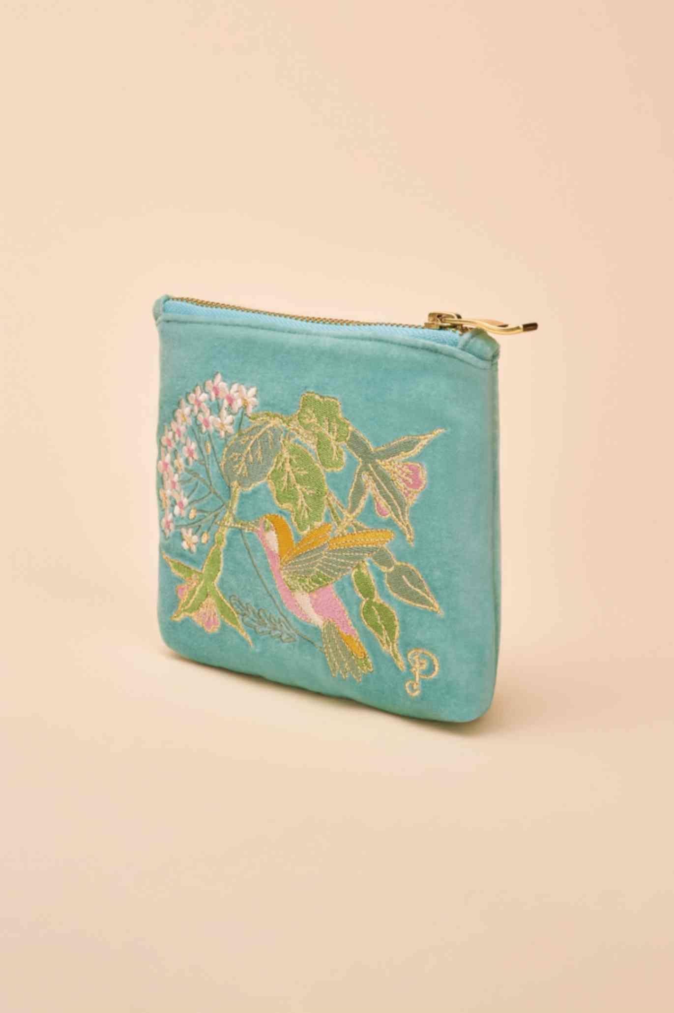 Velvet Mini Pouch - Hummingbird - Aqua