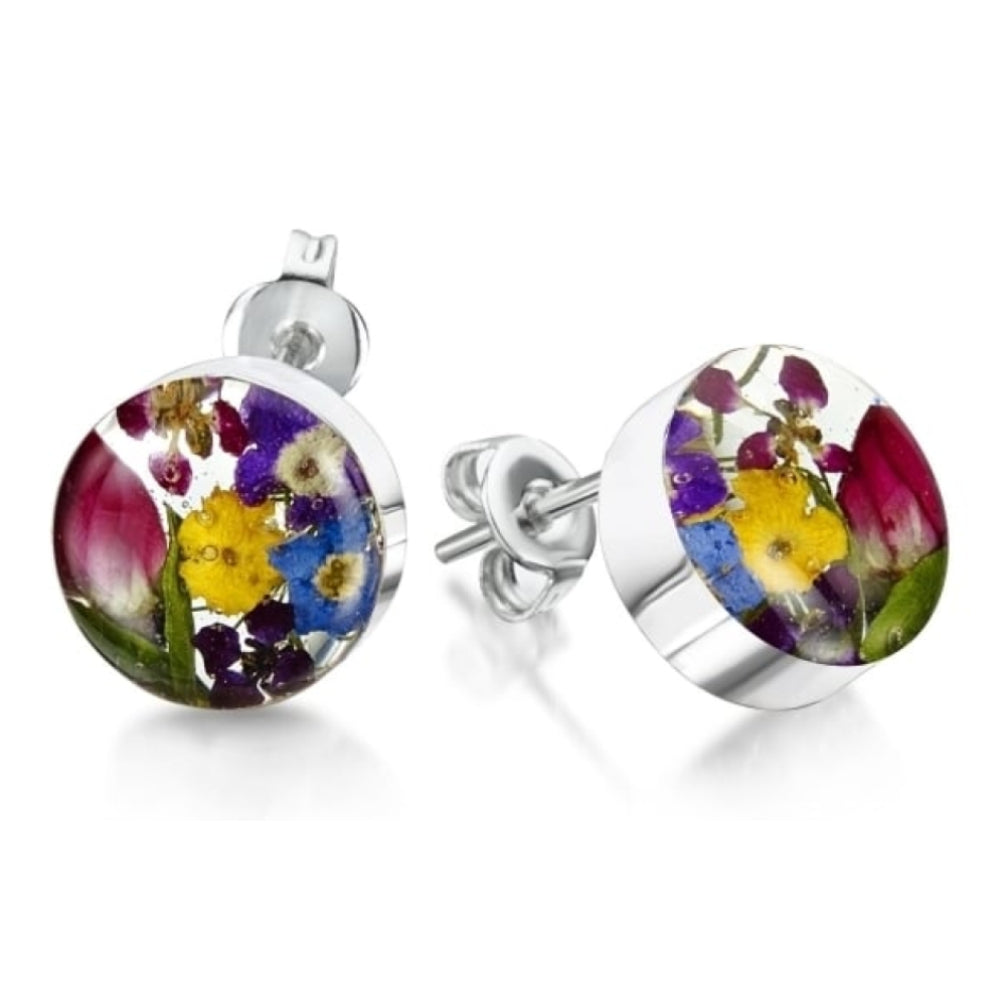Silver Stud Earrings - Mixed Flower, Yellow - Small Round