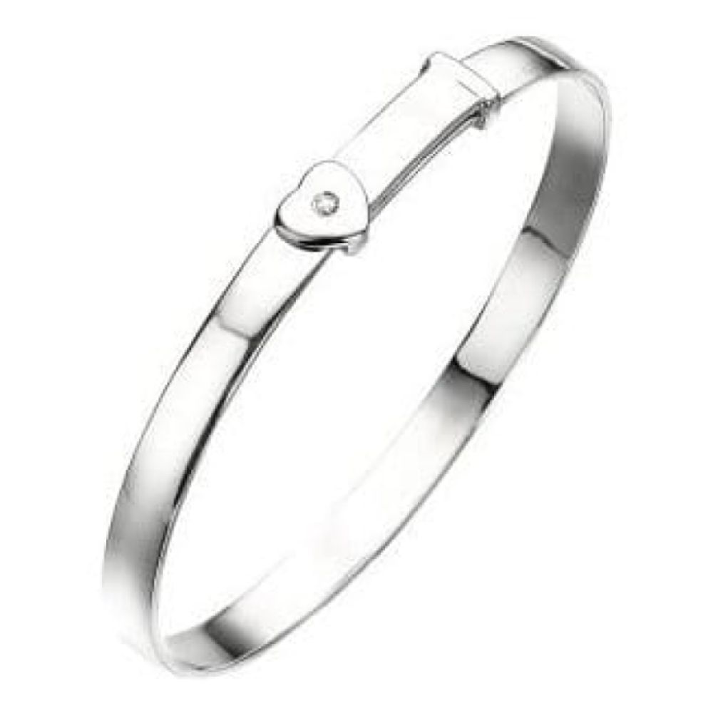 Girls Sterling Silver And Diamond Heart Bangle