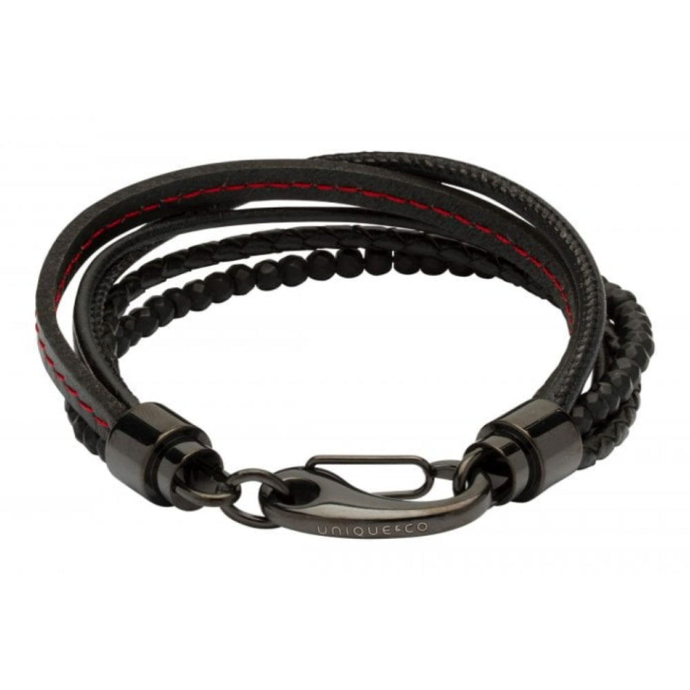 Black/Red Leather Br-Matt Black Hematite Beads-Black Ip Plating