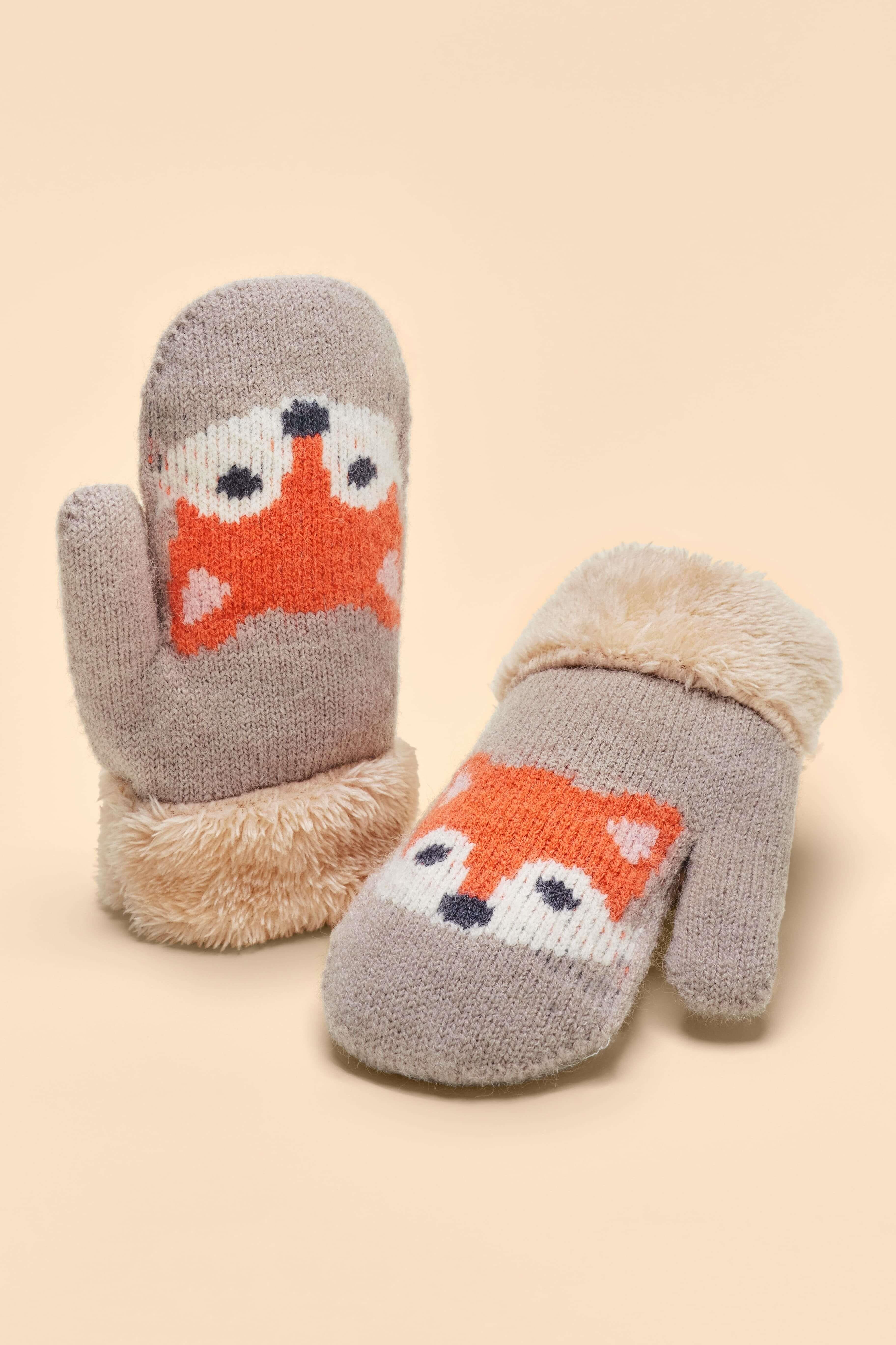 Kids Knitted Mittens - Fox, Slate