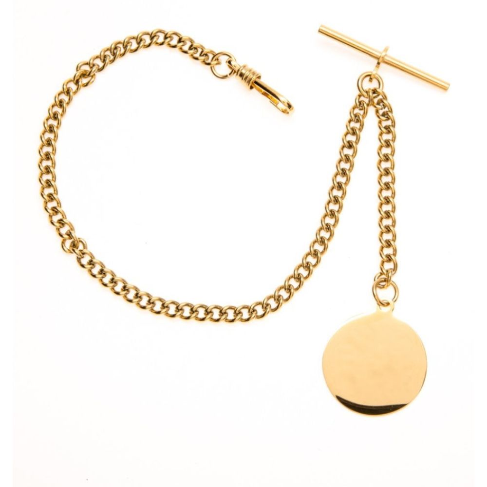 Gold Plated 9 Inch Single Albert T-Bar Pocket Watch Chain With Engraveable Fob