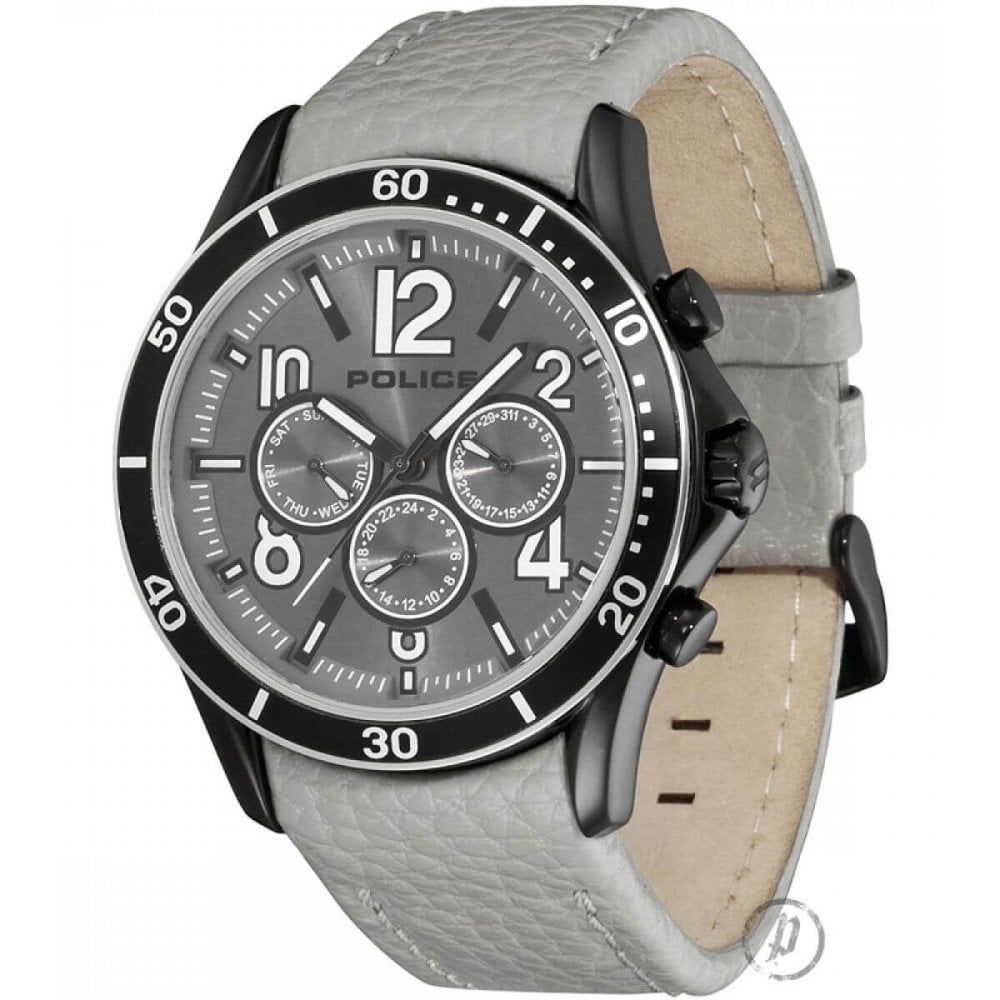 Black IP Case With Grey Multi Dial & Grey Leather Strap Theory Gents Watch