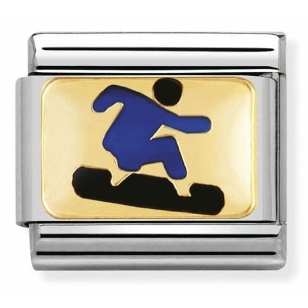 Classic BLUE Snowboarder In Stainless Steel With Enamel & 18k Gold Charm