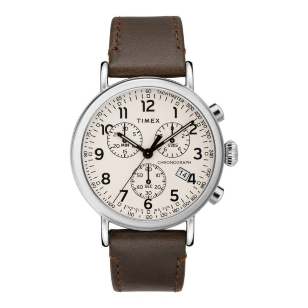 Chrome Chronograph Indoglo Brown Leather Watch