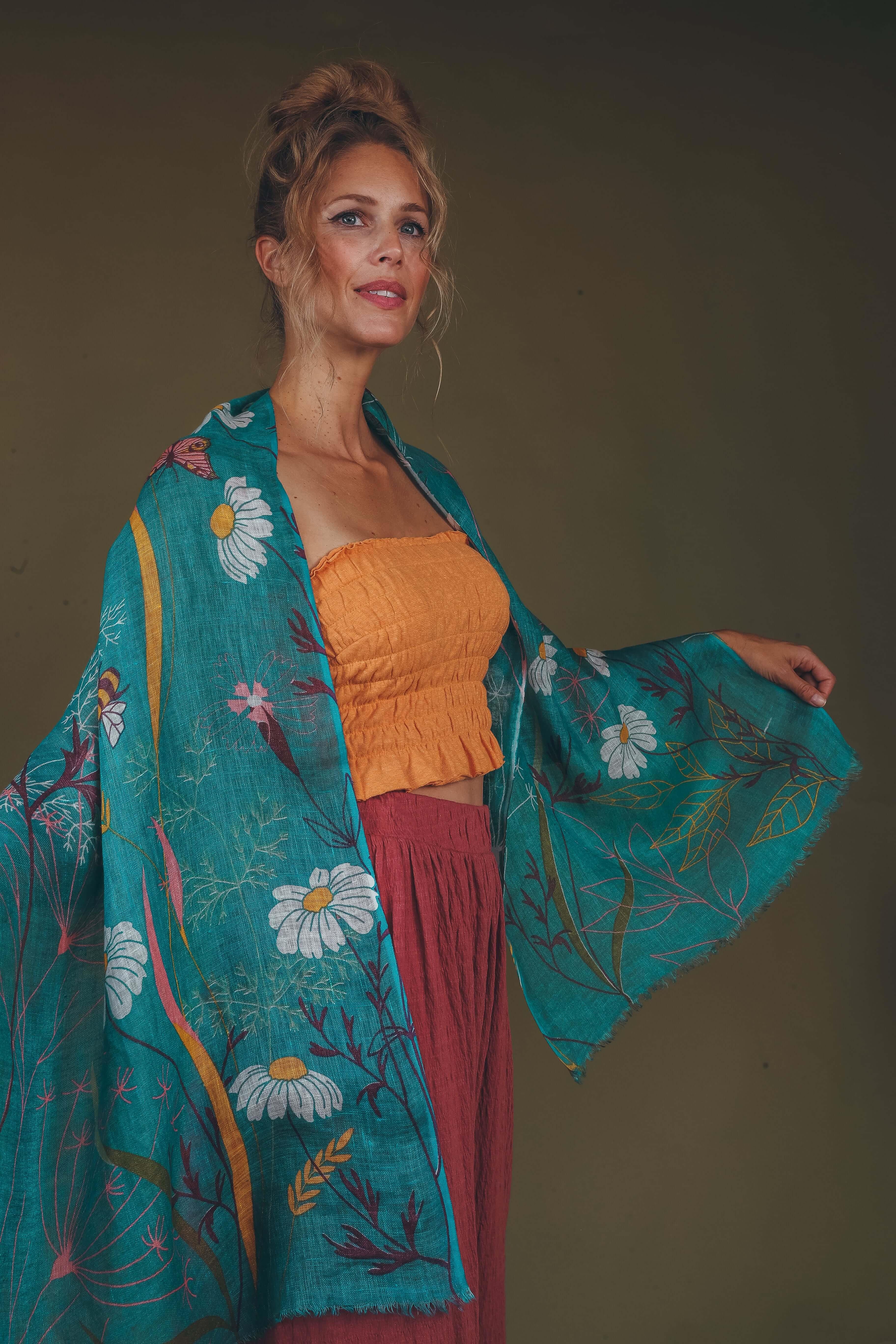 Summer Meadow Linen Print Scarf- Teal