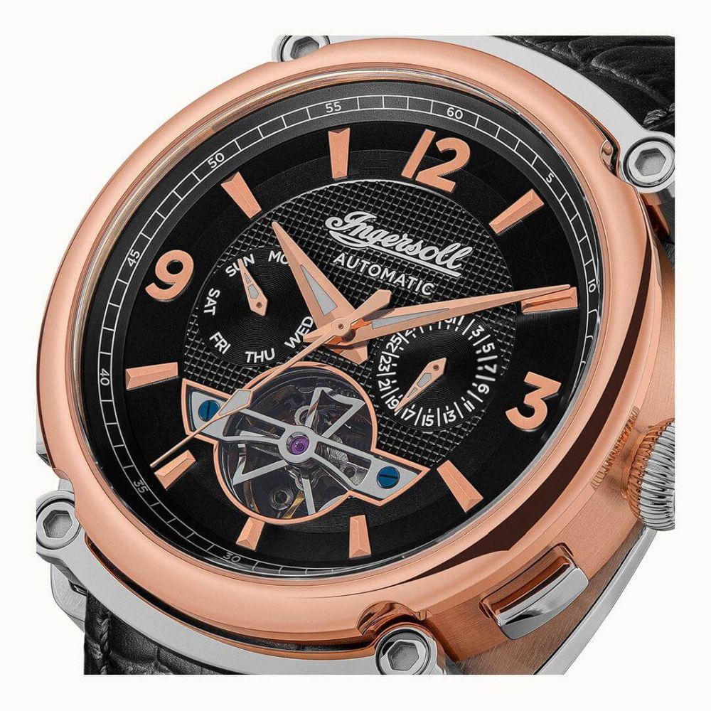 The Michigan Automatic Two Tone Day/Date Black Leather Watch
