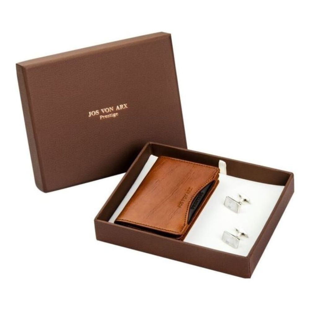 Men's Gift Set With Brown Tan Leather Business Card Holder & Rectangular Cufflinks