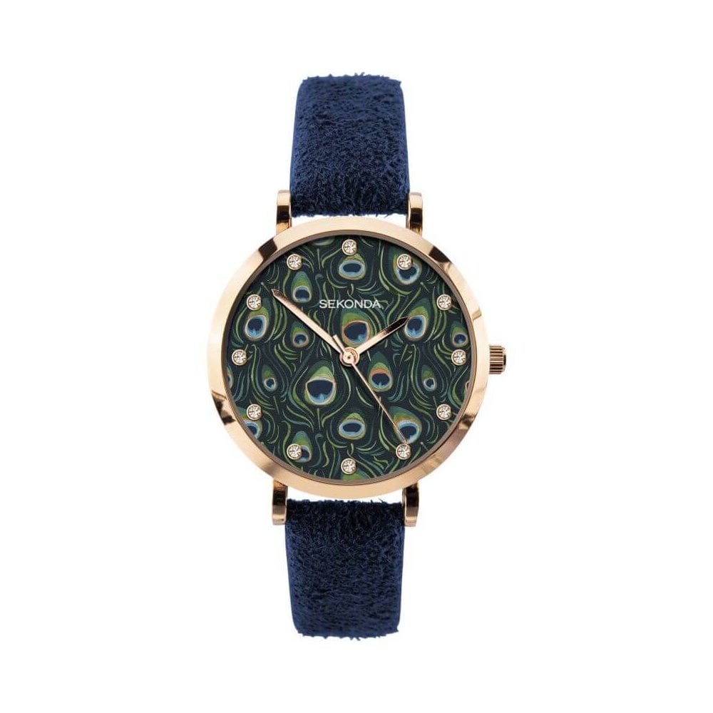 Rose Gold Plated Peacock Pattern Stone Set Dial With Dark Blue Strap Ladies Watch
