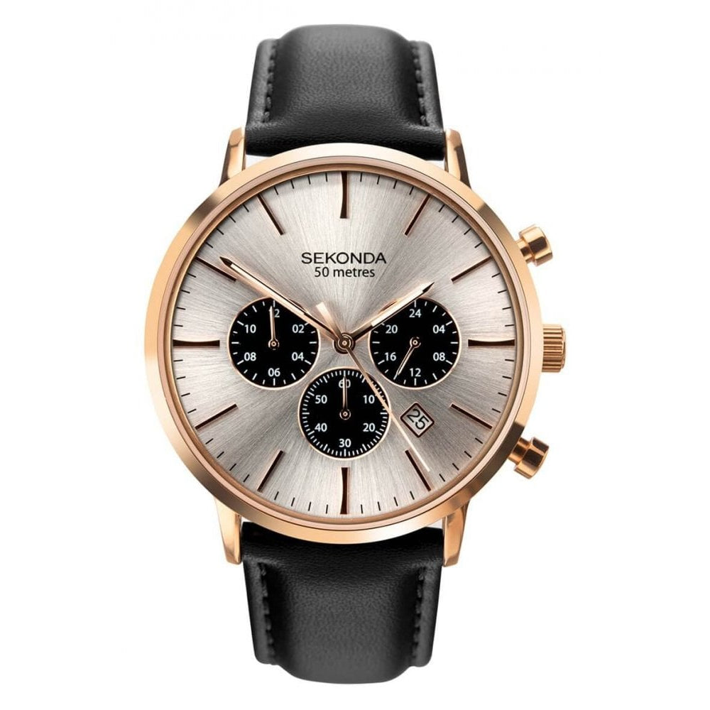 Rose Gold Tone Case With Dual Time Silver Dial & Black Leather Strap Gents Watch