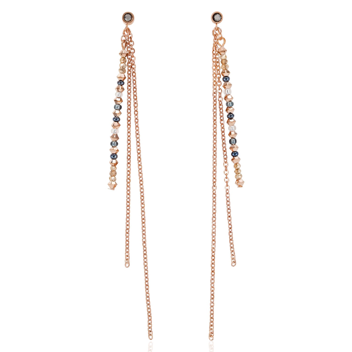 Fine Waterfall Rose Gold & Grey Earrings With Stickpin