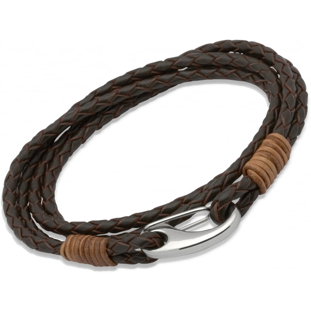 Dark Brown Leather Bracelet Steel Shrimp Clasp with Brown Binding
