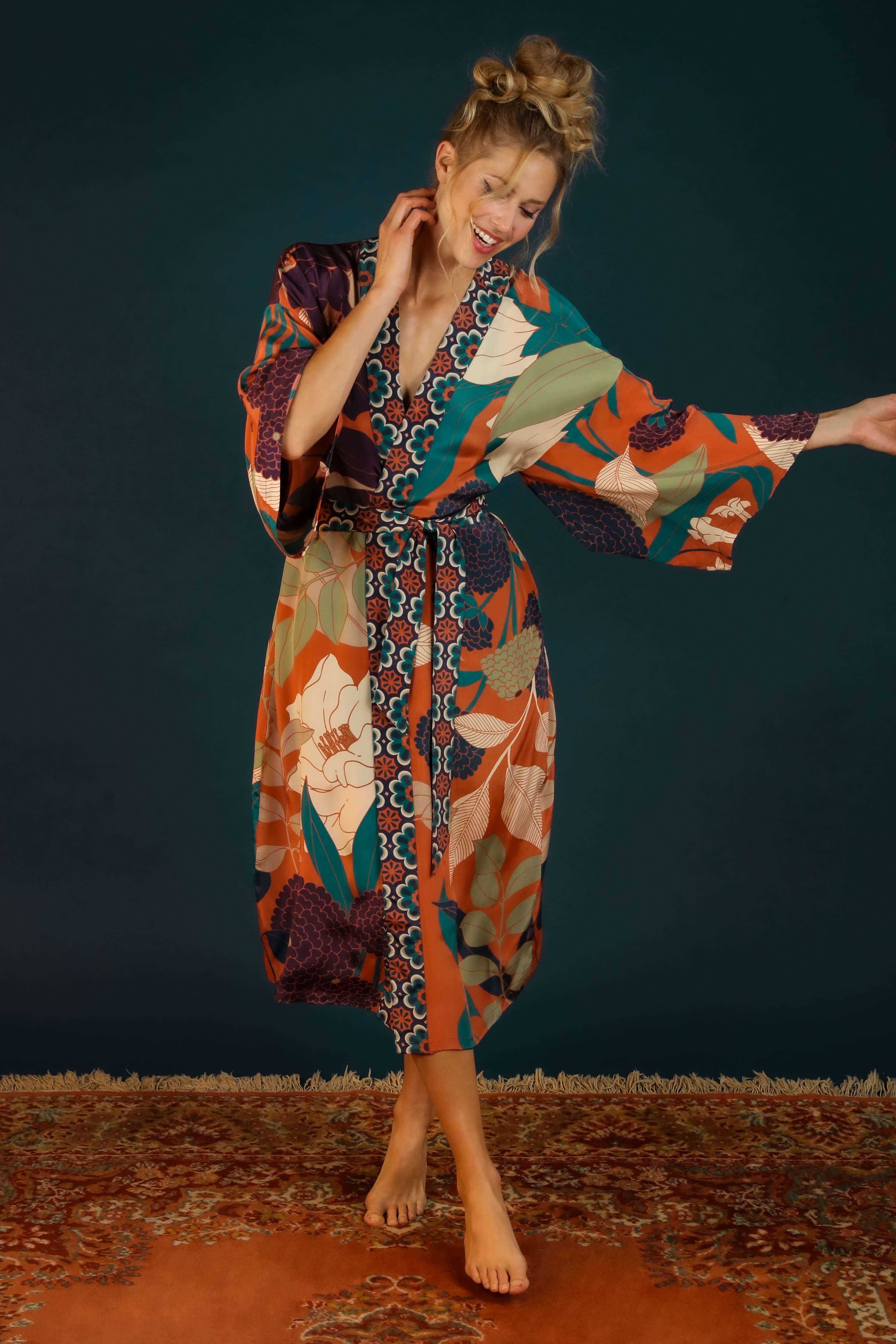 Luxury Kimono Gown Winter Floral - Terracotta