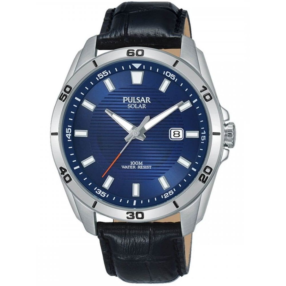 Stainless Steel Case & Blue Date Window Dial With Black Leather Strap, Solar Powered Gents Watch
