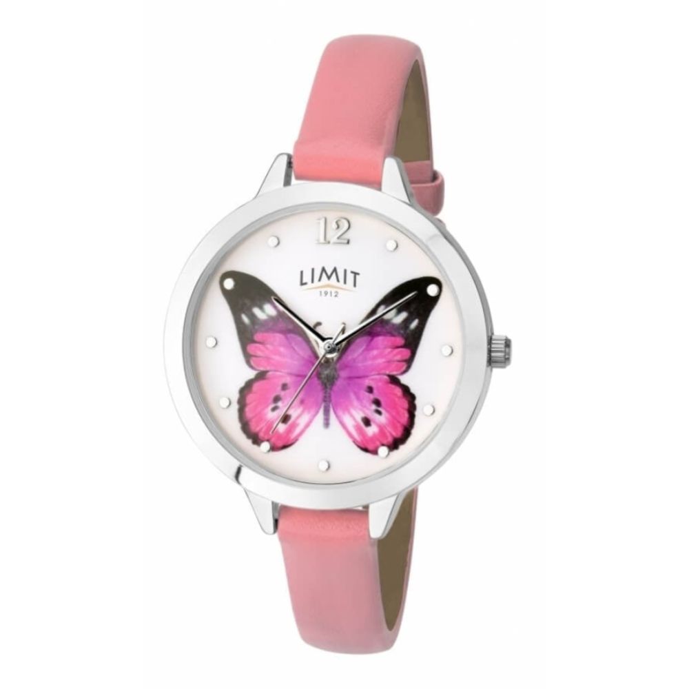 Stainless Steel Butterfly Print Dial & Pink PU Strap Ladies Watch