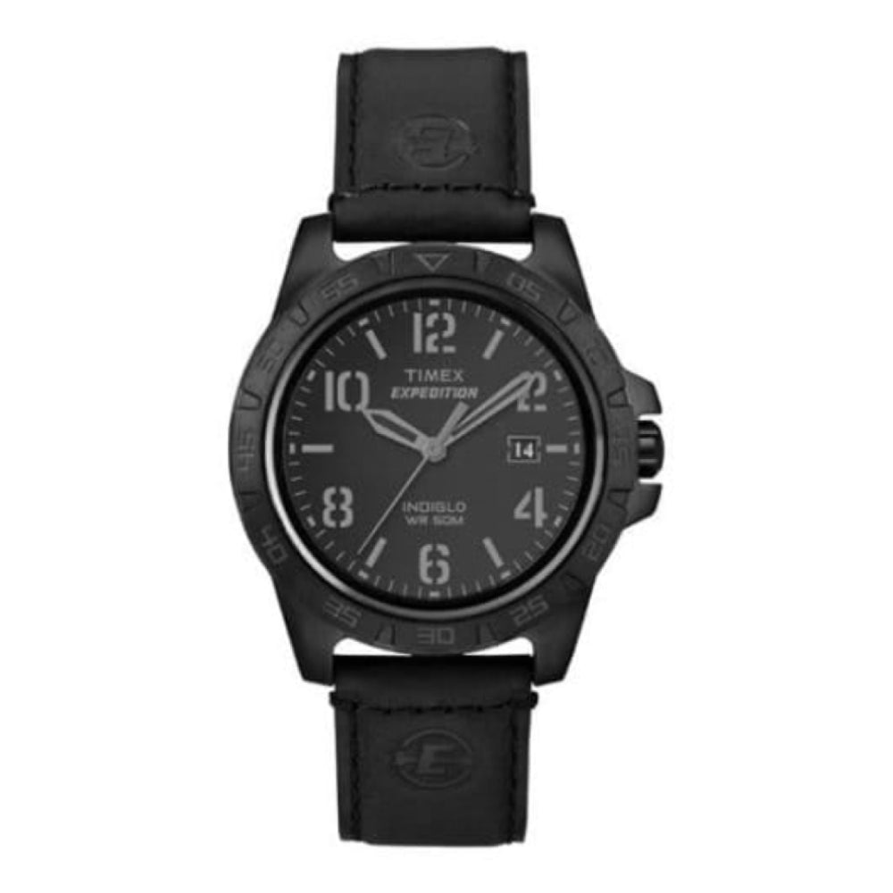 Black Leather & Dial Watch With Quick Date Feature