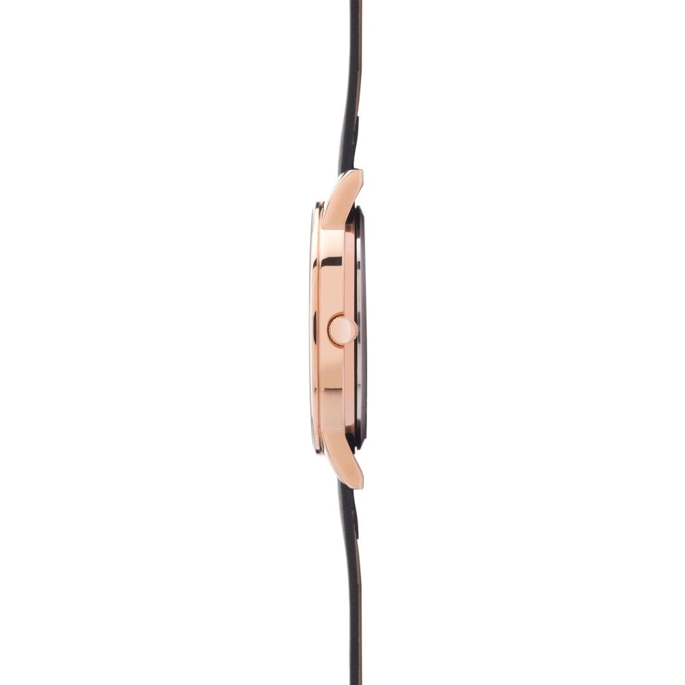 Rose Gold Plated Black Dial & Black Leather Strap Gents Watch