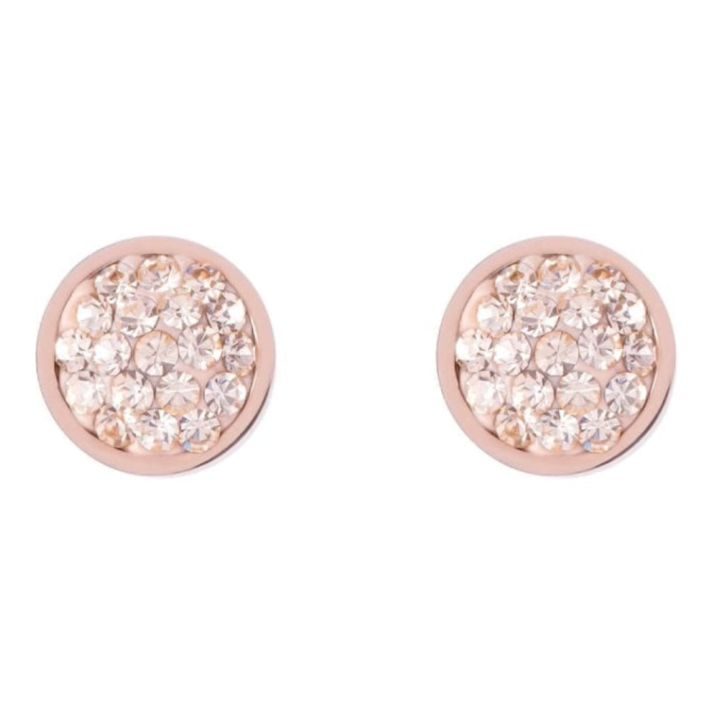 Round Rose Gold Tone Earrings with Stickpin & Peach Pave Crystals