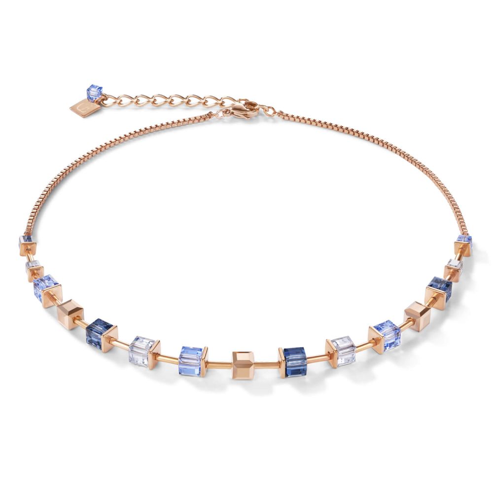 Swarovski Crystals & Blue Geo Cube Rose Gold Plated Necklace
