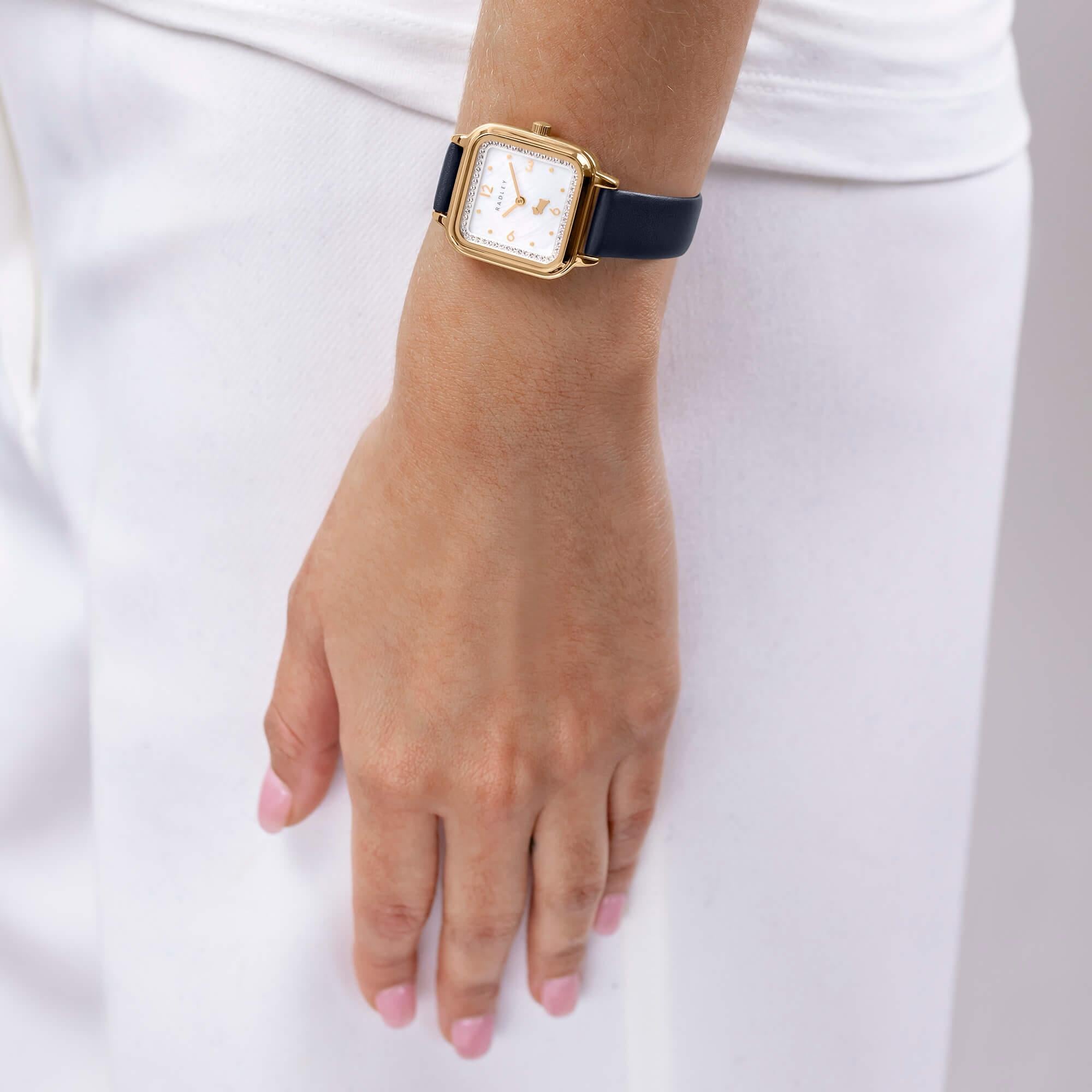 Square Rose Gold Plated Ink Blue Leather Strap Watch
