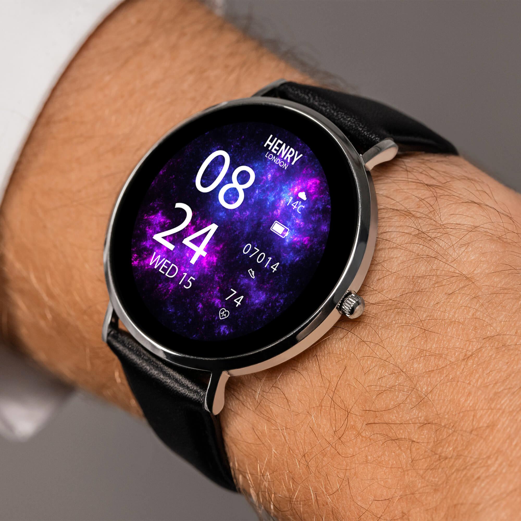 Smart Amoled Black Leather Strap Watch