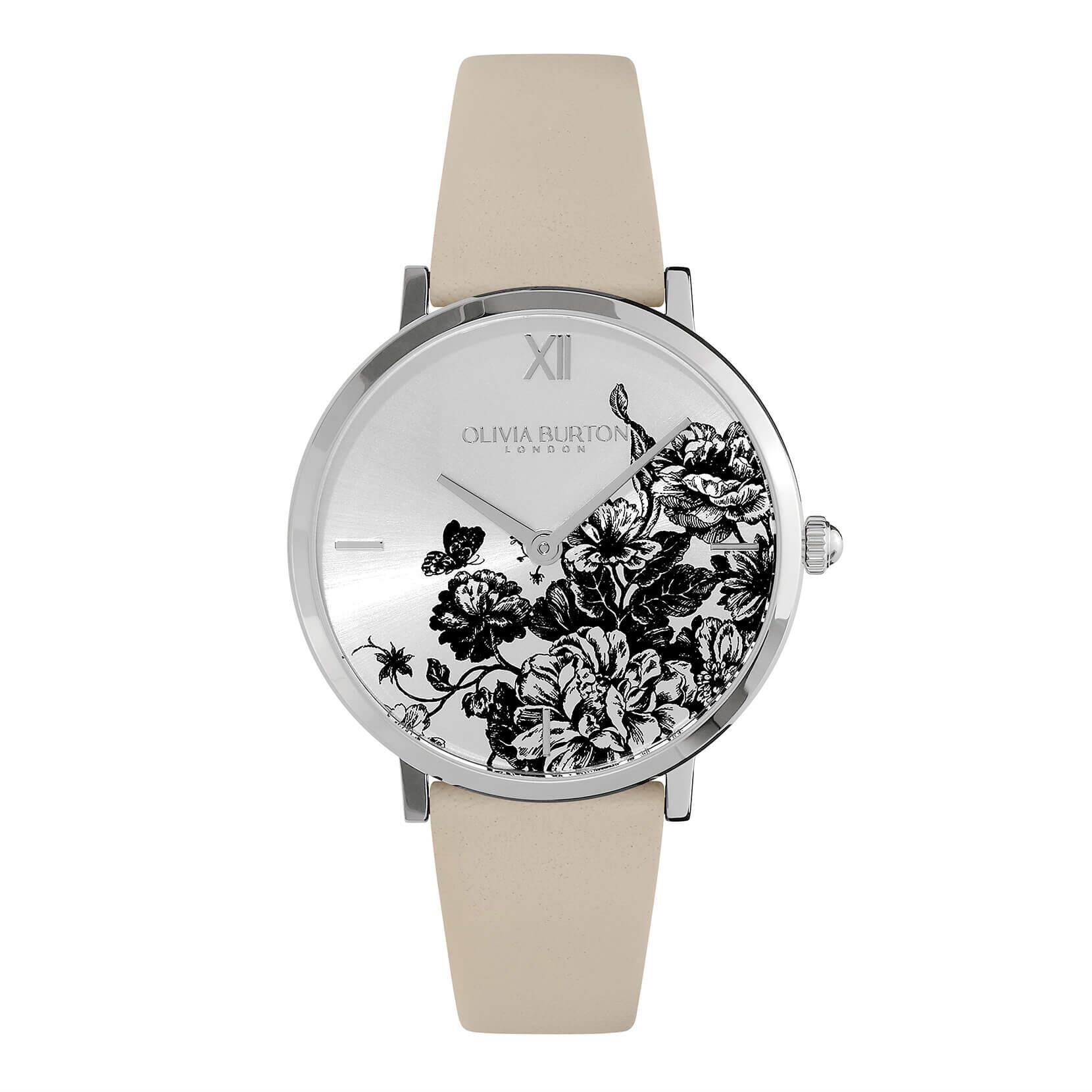 Floral Blooms Ultra Slim Silver & Antique Pearl Leather Strap Watch