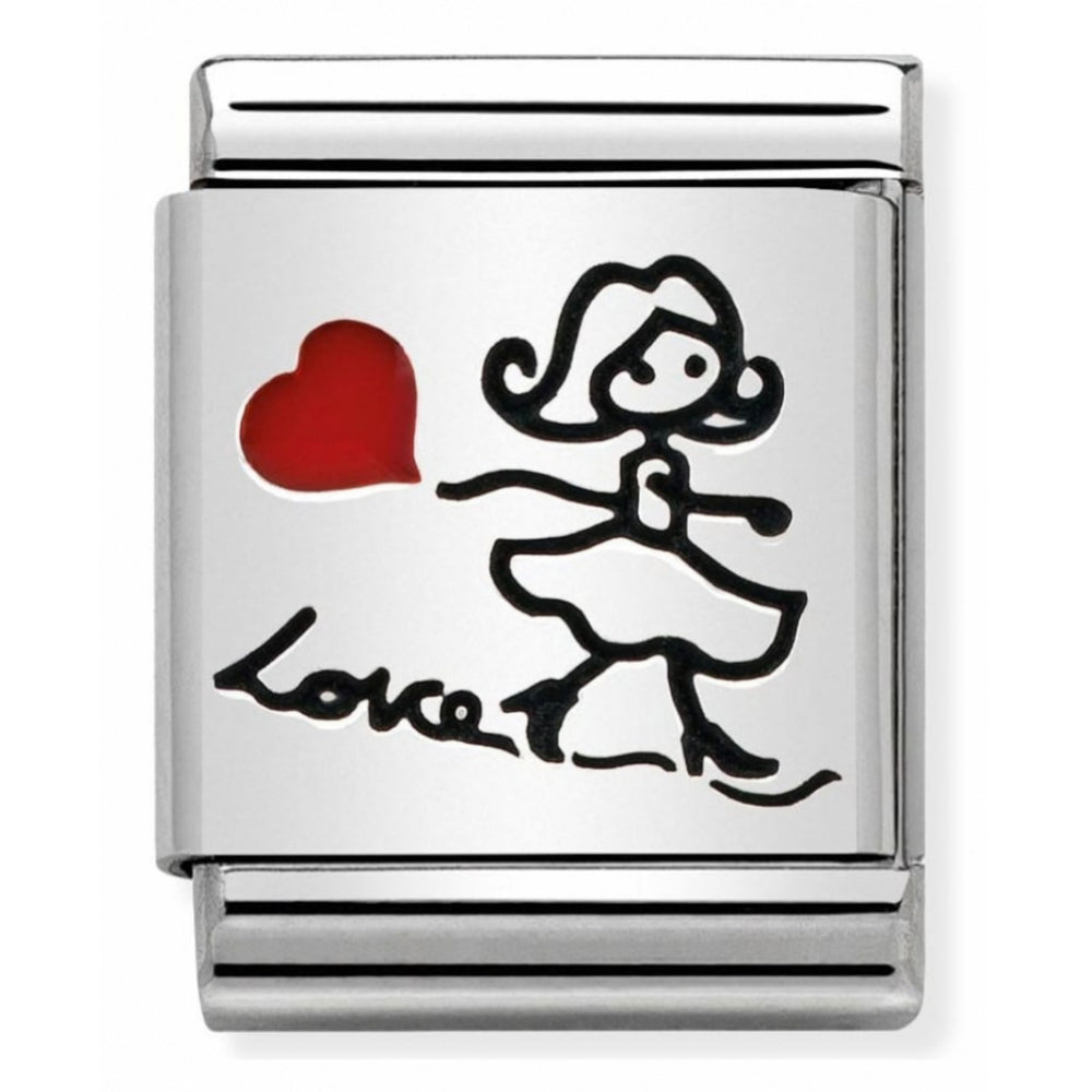 Composable Oxidised She With A Heart Balloon Stainless Steel, Enamel And Sterling Silver Big Charm