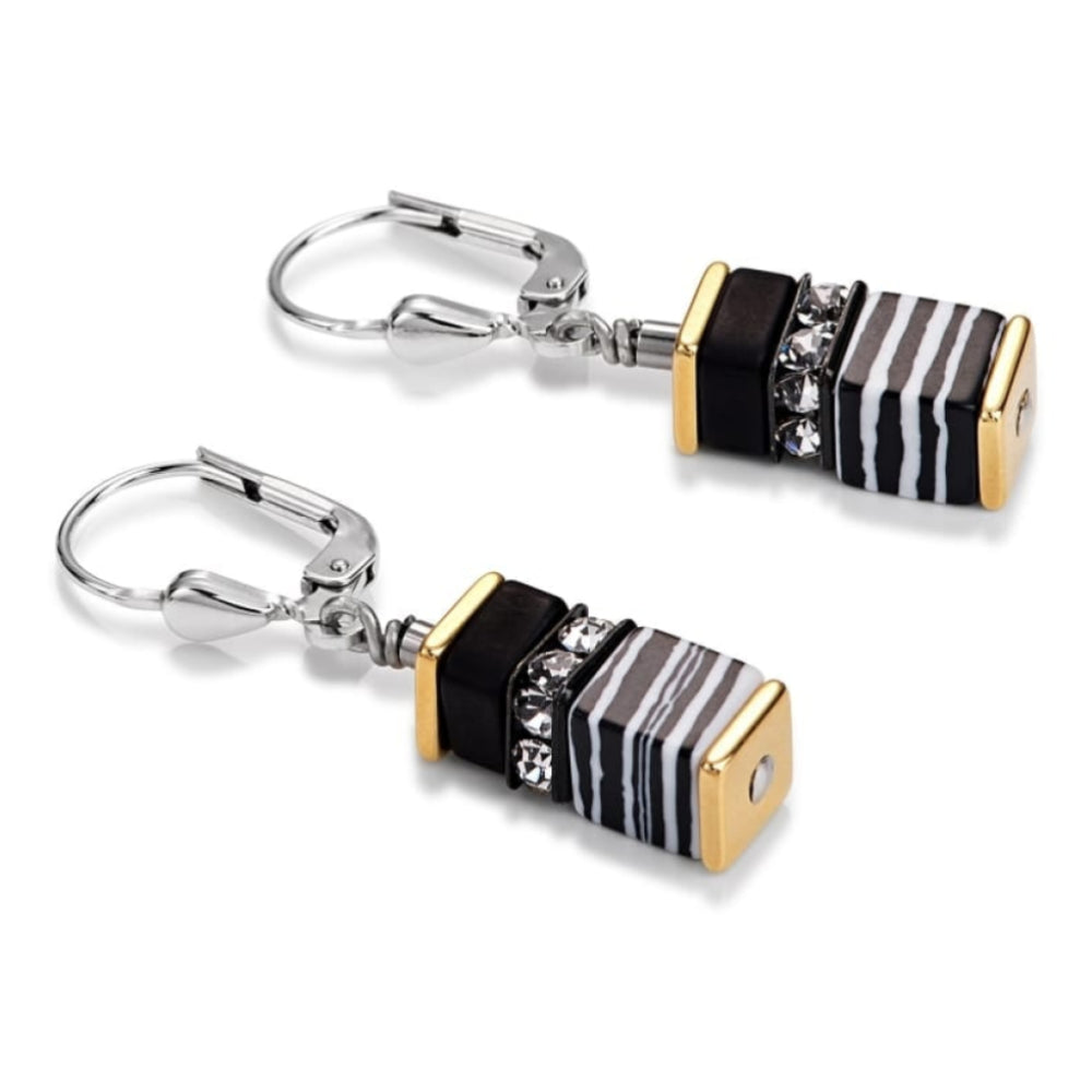 Black & White Stripe/Gold Geo Cube Earring