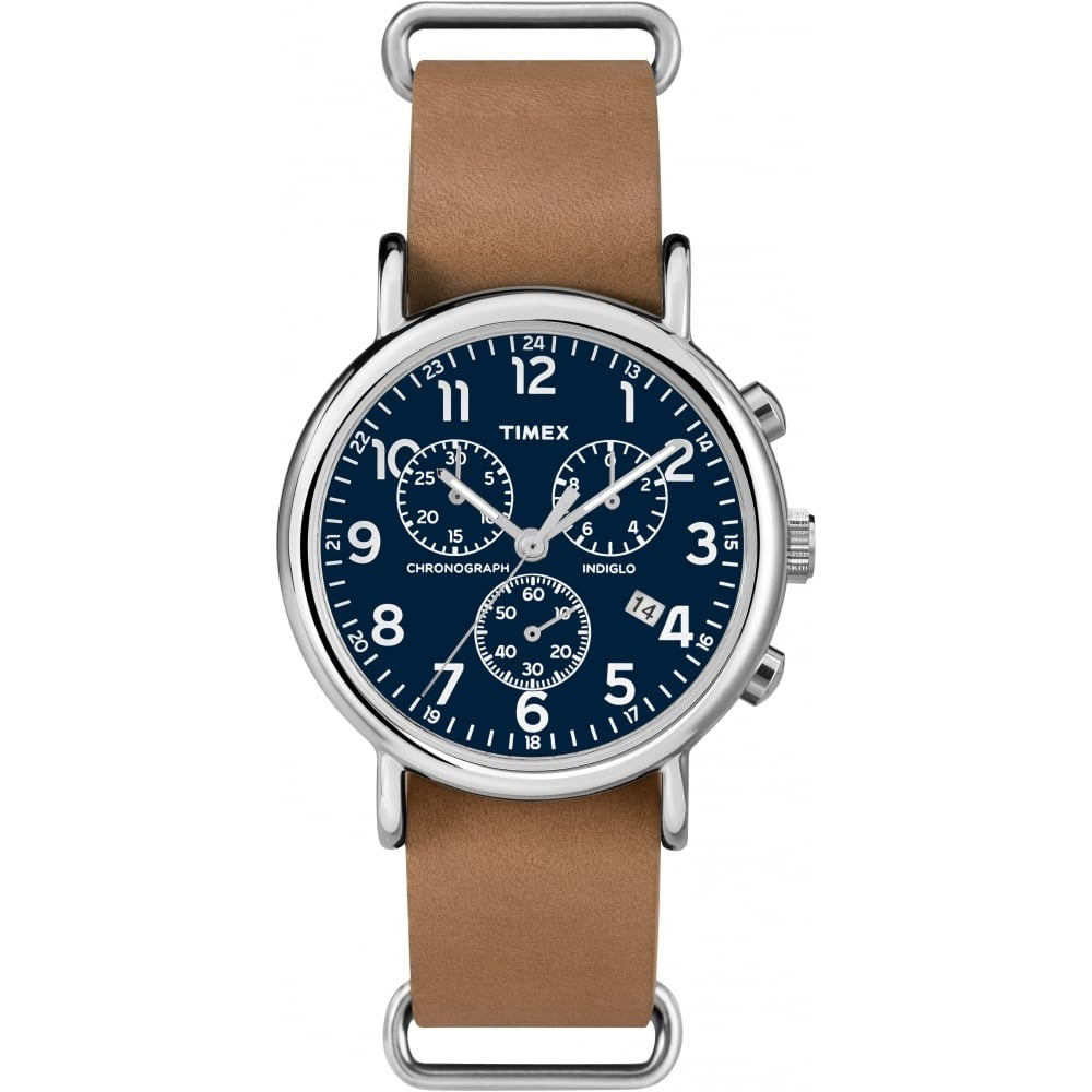 Weekender Stainless Steel Case Blue Chrono Dial With Slate Tan Slip Thru Strap