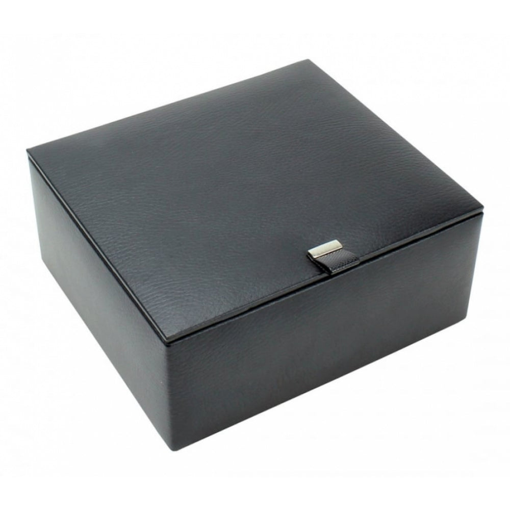 Black Leather Watch & Cufflink Box With Grey Lining