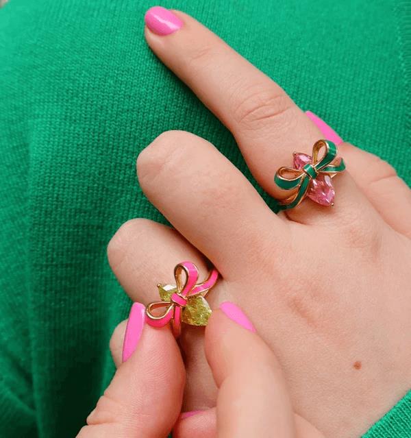 Amelia Bow Gold Ring In Emerald Green Enamel & Pink CZ