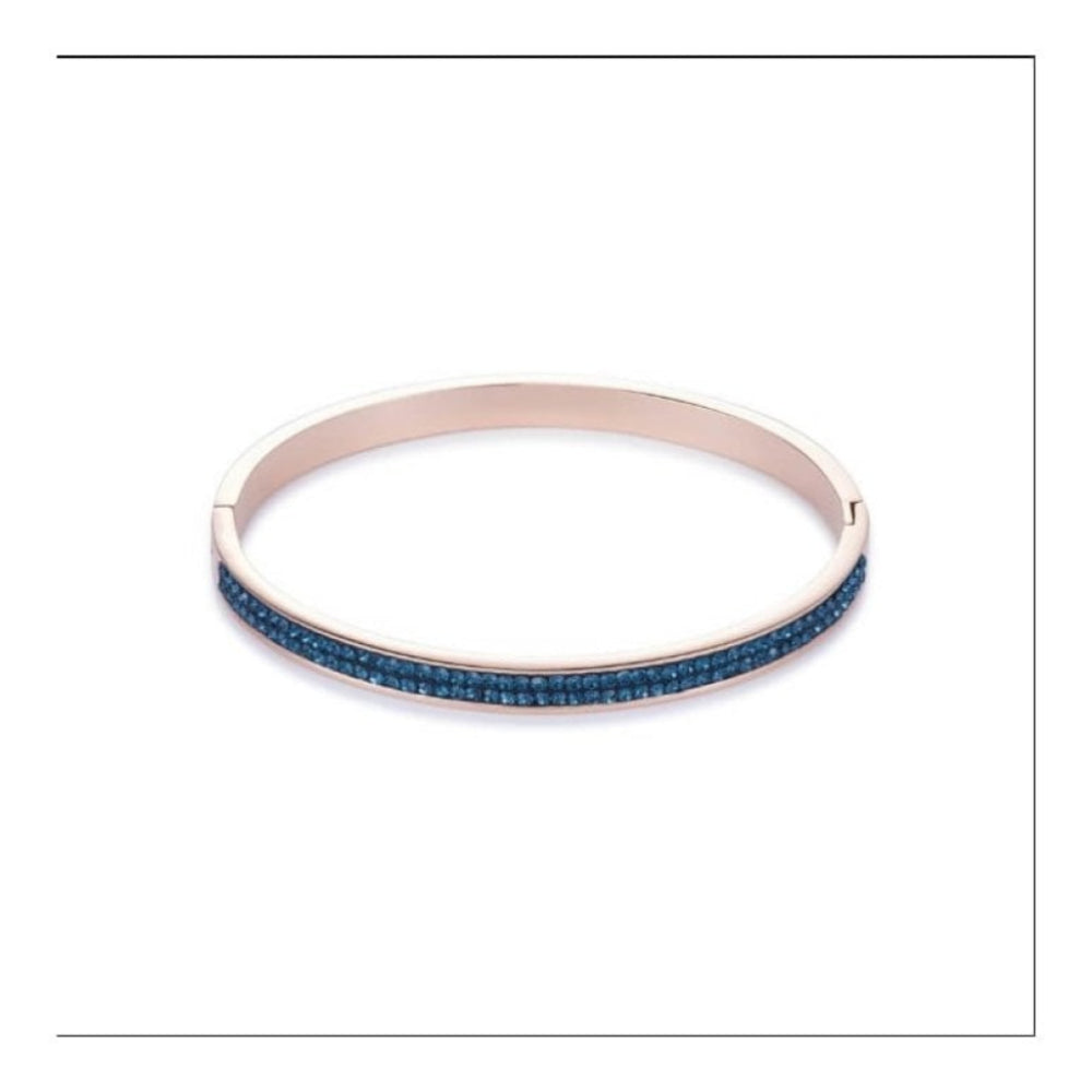 Rose Gold Tone Bangle with Click Closure & Blue Swarovski Crystals