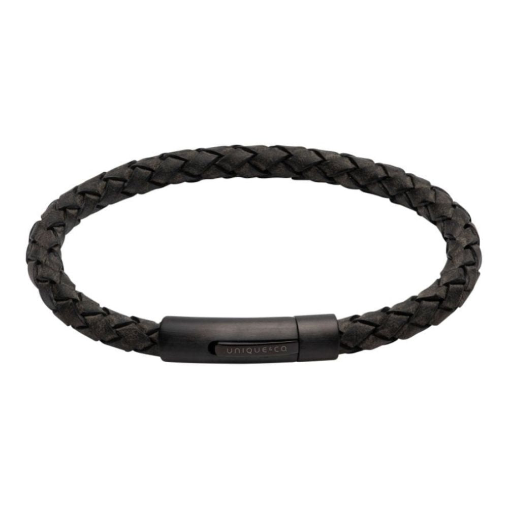 Antique Black Leather Bracelet with Matte Black IP Plated Steel Clasp
