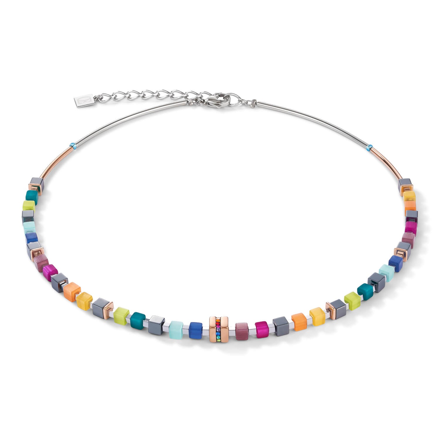 Stainless Steel Rose Gold & Crystals Pave Multicolour Geo Cube Necklace