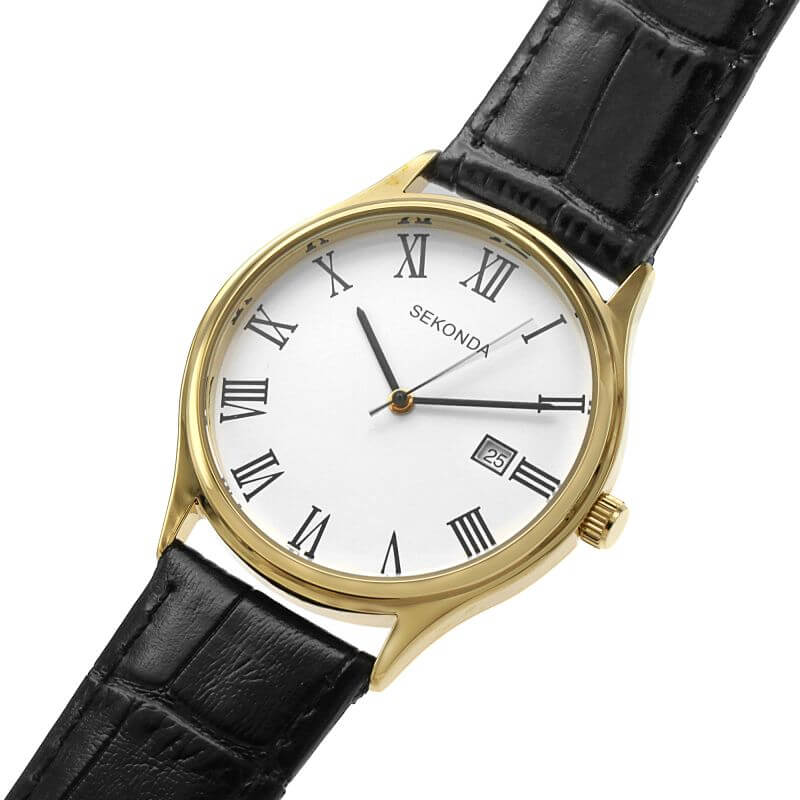 Gold Plated White Dial With Black Strap Watch