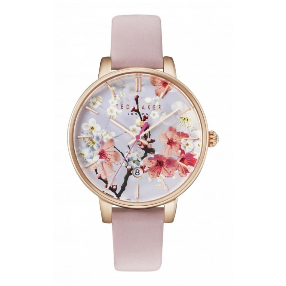 Rose Gold Plated Date Window Floral Dial & Leather Strap Ladies Wristwatch