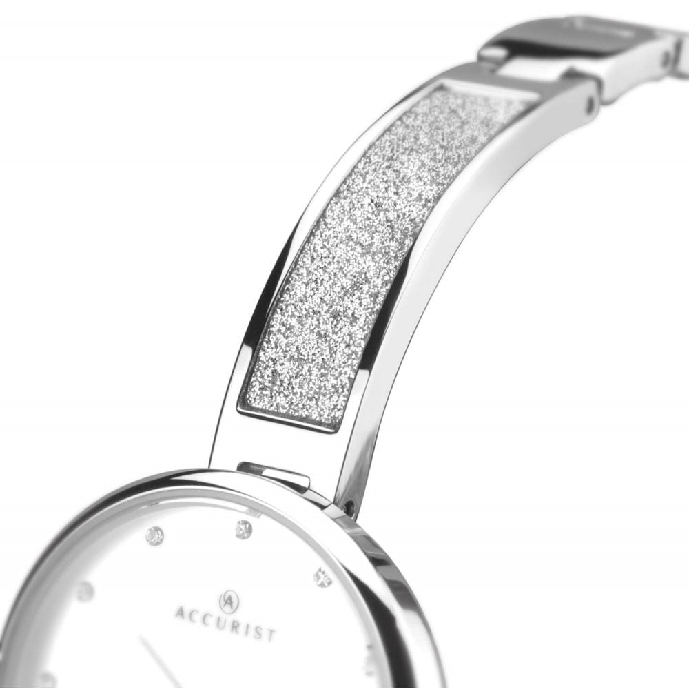 Stainless Steel Crystal Dust Semi Bangle Bracelet Strap & Case With Silver Stone Set Dial Ladies Watch