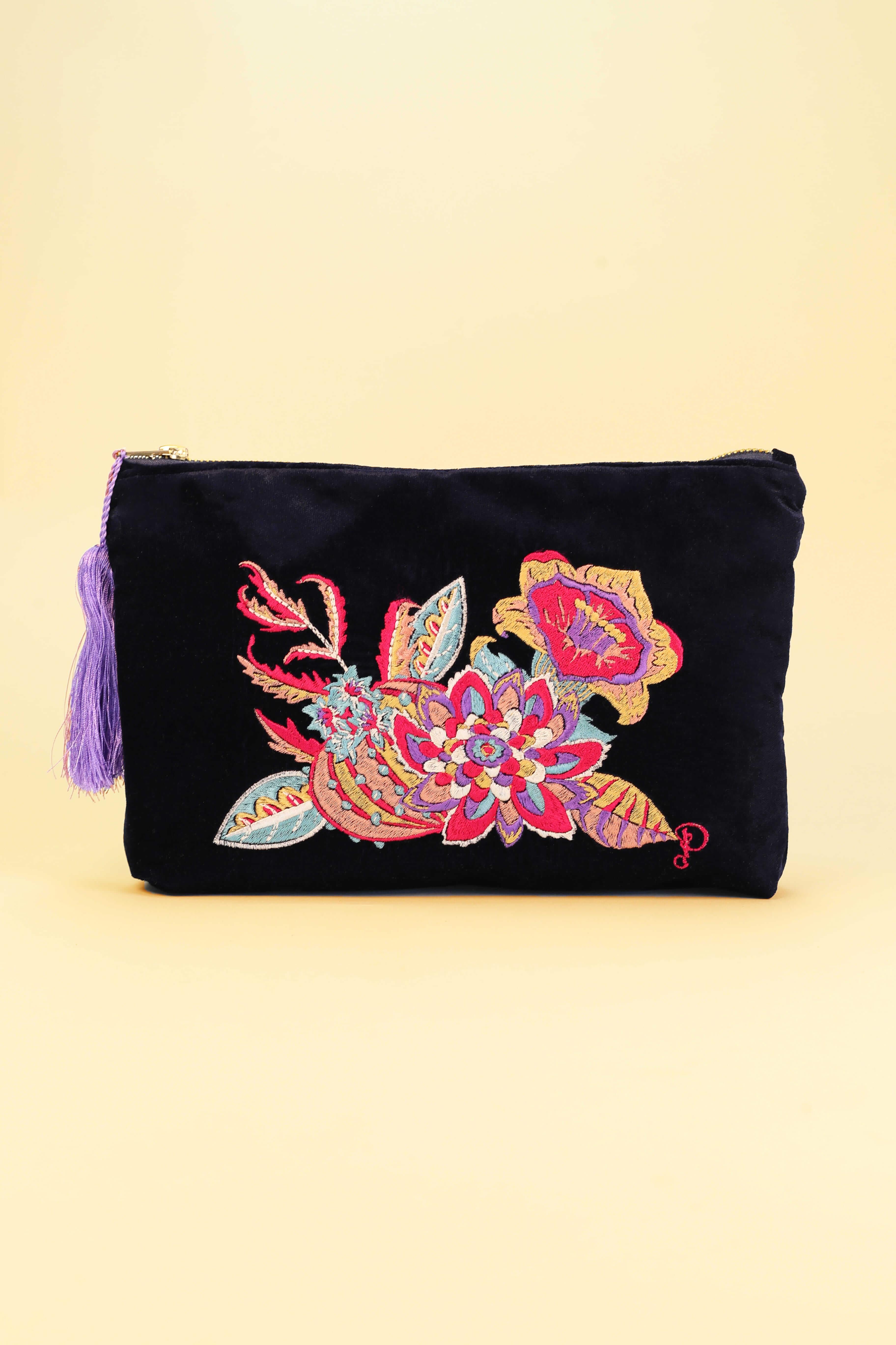 Fantasy Floral Velvet Zip Pouch - Navy