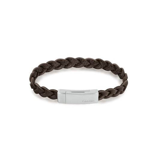 Contemporary Brown Plaited Leather & Stainless Steel Bracelet