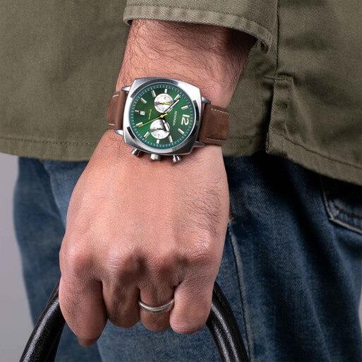 Airborne Chronograph Green Dial & SS Case With Brown Leather Strap Men's Watch