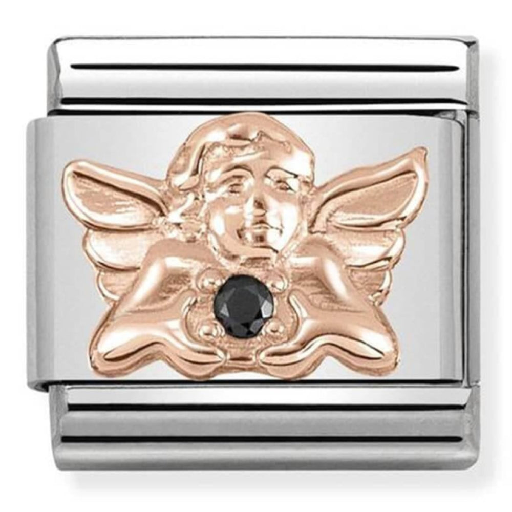 Classic Symbols In Steel, 9K Rose Gold & Black CZ Guardian Angel Link