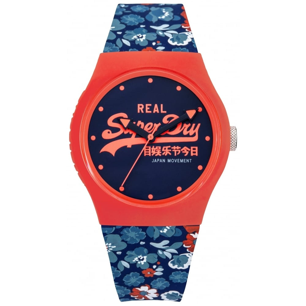 Urban Floral' Coral And Blue Silicone Floral Printed Strap With Blue Dial Ladies Watch