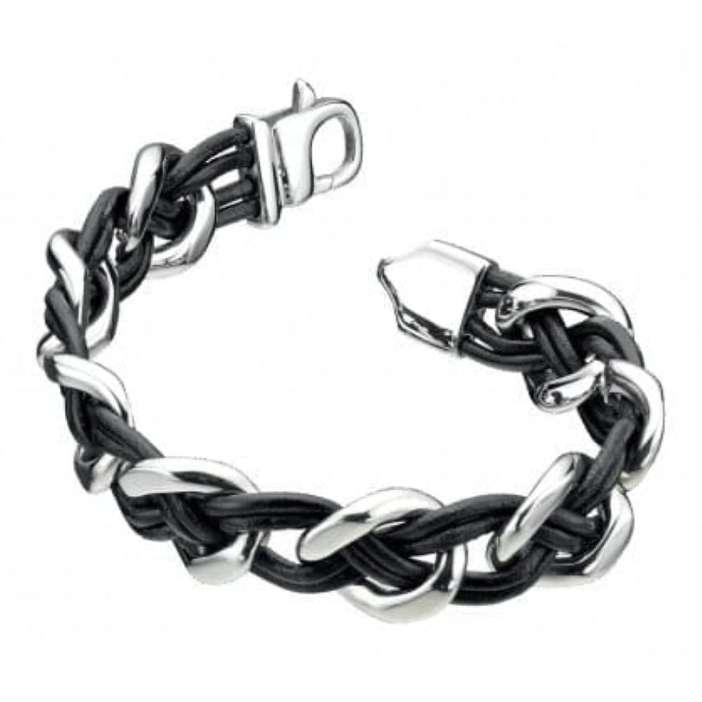 Gents Stainless Steel & Black Woven Leather Bracelet