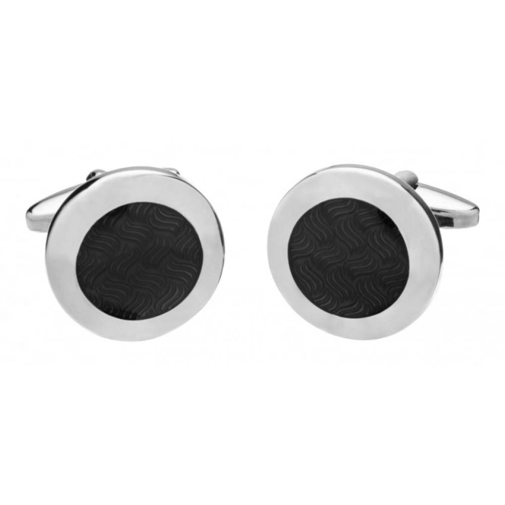 Round Cufflink In Silver With Black Round Enamel At Centre