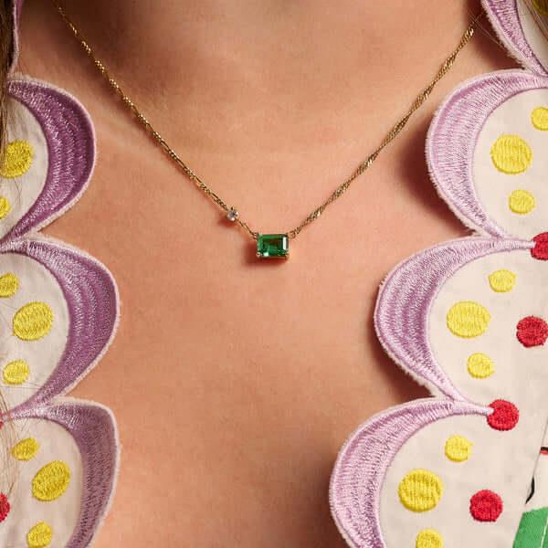 Lola Emerald Cut Necklace In Emerald Green, Clear CZ & Gold